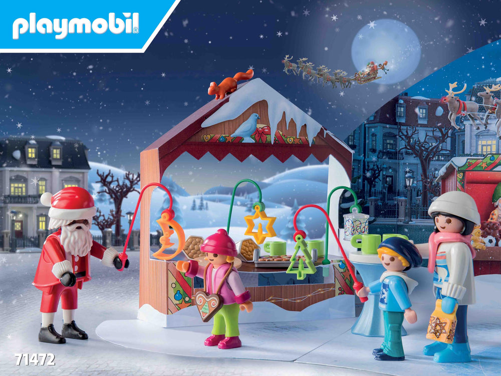 Playmobil Advent Calendar Trip to the Christmas Market includes tasty market treats for play scenes.