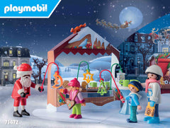 Playmobil Advent Calendar Trip to the Christmas Market includes tasty market treats for play scenes.