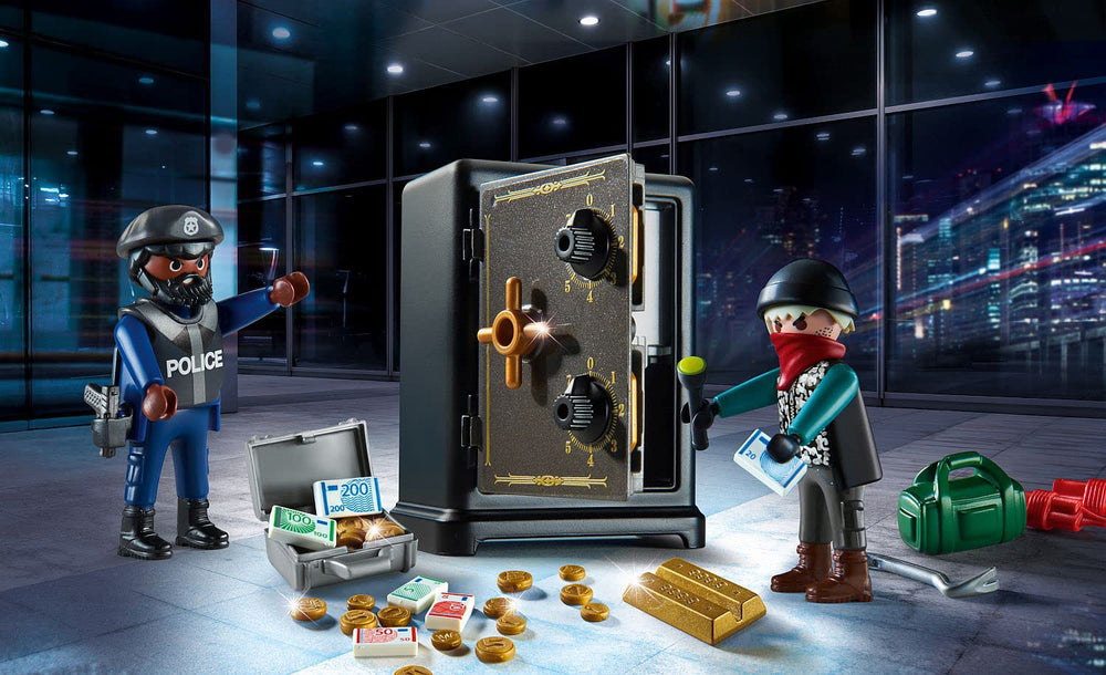 Playmobil Bank Robbery Starter Pack robber stashing money amid tense moment