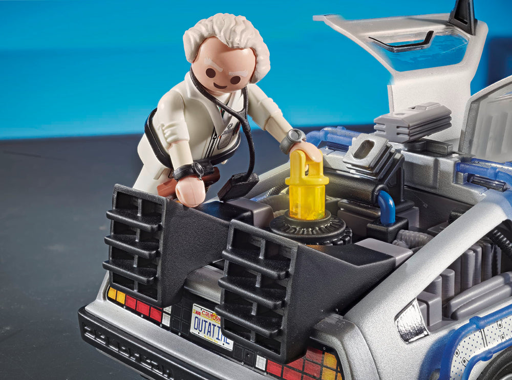 Playmobil DeLorean case and accessories keep pieces organized for play.