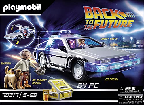 Playmobil DeLorean lights active close-up for dramatic time travel scenes.