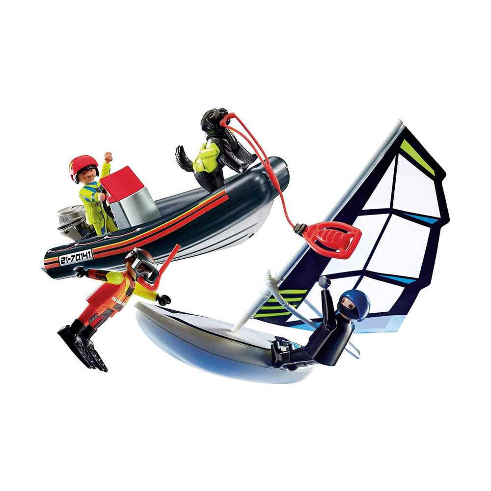 Playmobil Water Rescue with Dog: diver assists the windsurfer toward safety.