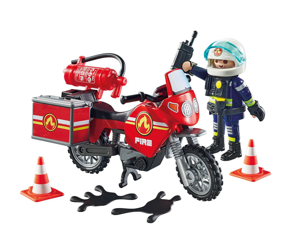 Playmobil fire extinguisher attached to motorcycle for quick access.