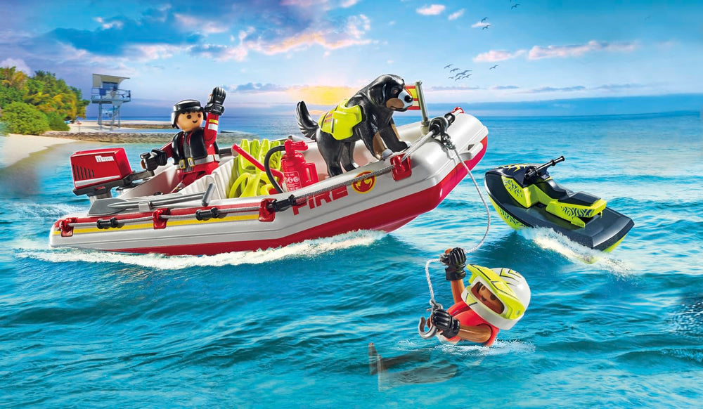 Playmobil Fireboat with Aqua Scooter two figures ready for a rescue