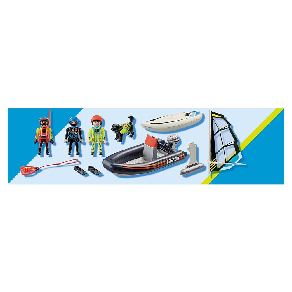 Playmobil Water Rescue with Dog: windsurfer board floats for dynamic water play.