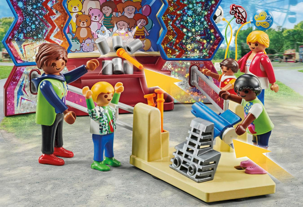 Playmobil Fun Fair tin can game offers a playful target challenge.