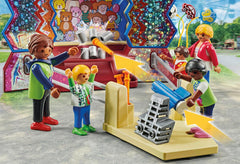 Playmobil Fun Fair tin can game offers a playful target challenge.