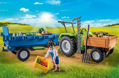 Playmobil Harvester Trailer connected to Tractor for smooth crop transport.