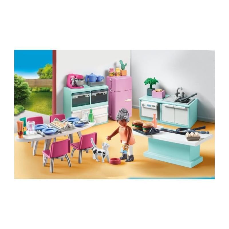 Playmobil Kitchen with Dining Table detail: refrigerator and ovens for realistic pretend cooking.
