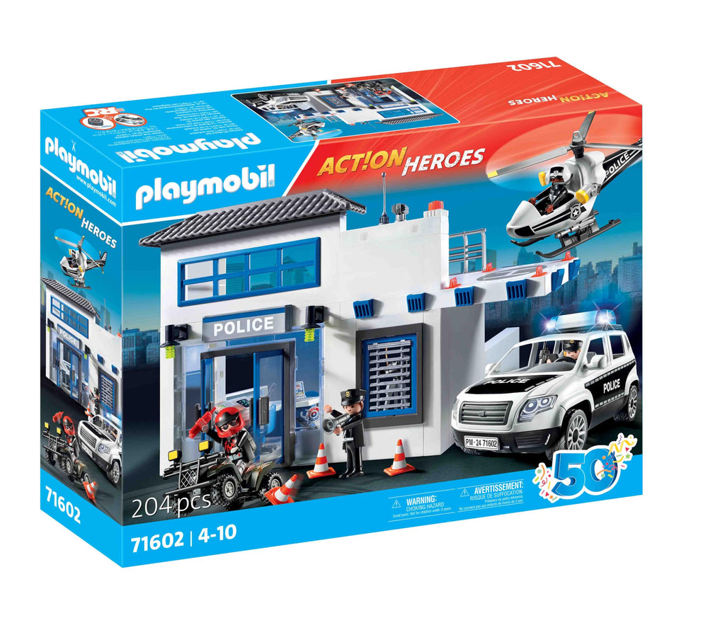 Playmobil police helicopter with landing platform for aerial patrol adventures.