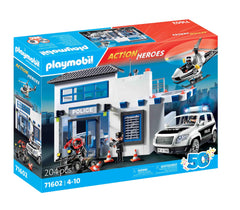 Playmobil police helicopter with landing platform for aerial patrol adventures.
