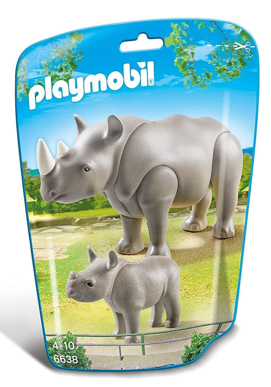 Playmobil rhino with baby in charging pose sparks imaginative wildlife play.