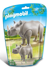 Playmobil rhino with baby in charging pose sparks imaginative wildlife play.