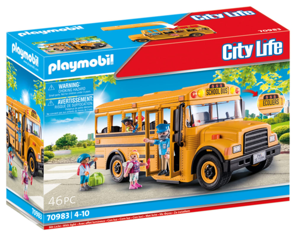 Playmobil School Bus front lights illuminate the journey for realistic play