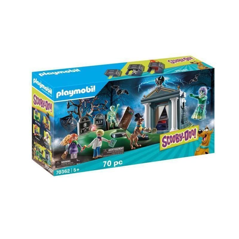 Playmobil Scooby-Doo secret lever gargoyle reveals tomb slabs for interactive exploration.