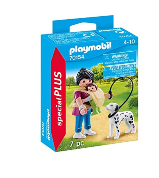 Playmobil Special Plus Mother with Baby and Dog walking, fostering imaginative play in park scenes.