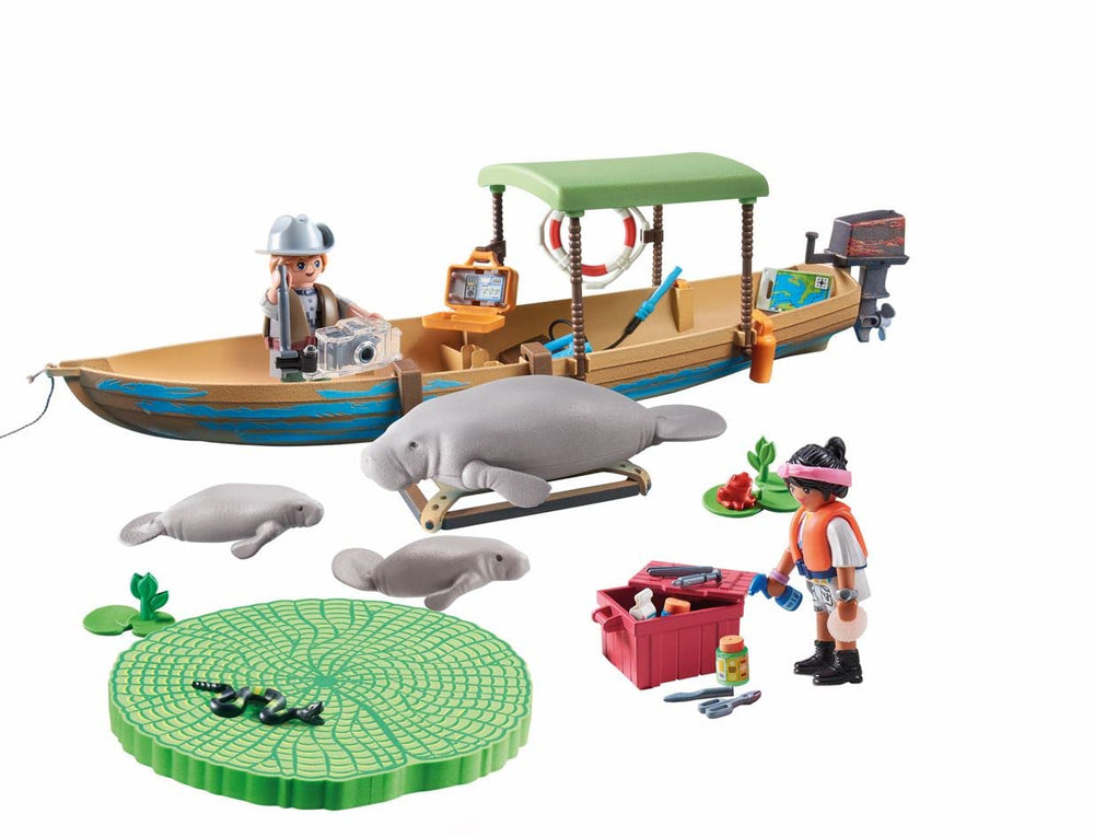 Playmobil Wiltopia manatee with two cubs; family wildlife moment on the boat