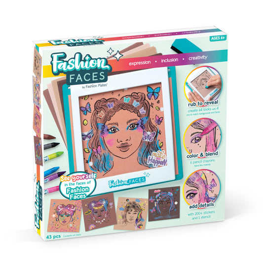 PlayMonster Fashion Faces rubbing plates showcase diverse features for creative self-expression.