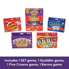 PlayMonster Five Crowns bundle cards spread on table showing rotating wilds and star suit