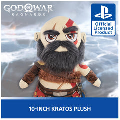 PlayStation Kratos plush close-up of embroidered tattoos and beard detail.