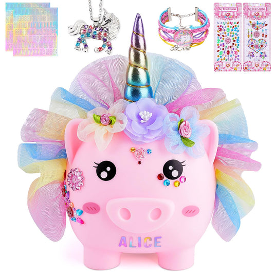 Play Tailor unicorn piggy bank with pink dress for imaginative saving sessions