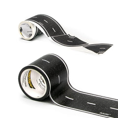 PlayTape road tape on a table forms a ready made asphalt road for kids cars.