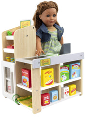 Playtime by Eimmie grocery-store shelf with wooden items for imaginative shopping.