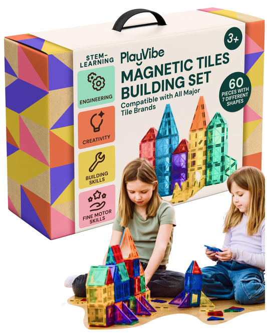 PLAYVIBE magnetic tiles 60-piece front view with vibrant colors for imaginative STEM play