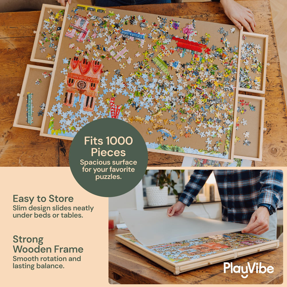 PlayVibe wooden puzzle board with a durable surface for 1000-piece puzzles.