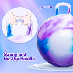 PlayZap hopper ball with colorful clouds pattern increases visibility and adds excitement.
