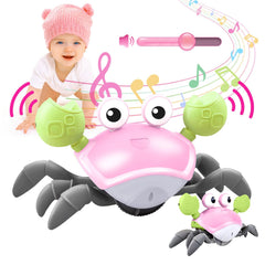 Plnmlls Crawling Crab Toy showcases walking motion with music and LED lights for engaging tummy time.
