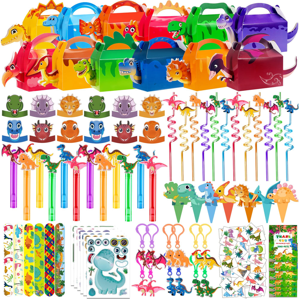 PLOUGVI dinosaur party set boxes show 3D dinos for vibrant party bags