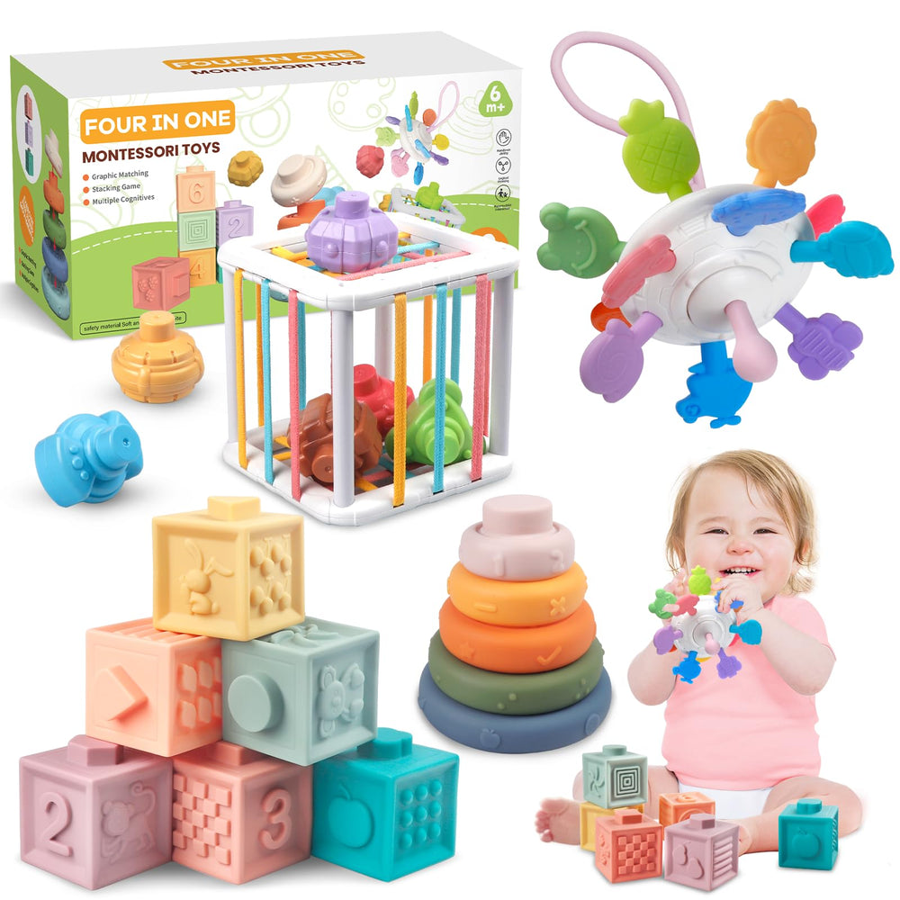 Plunack 4-in-1 baby toys set with Montessori blocks for tactile play and learning