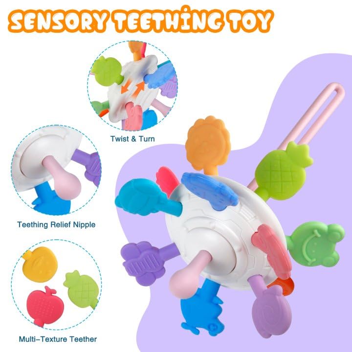 Plunack pull string teether promotes chewing and exploration on the go