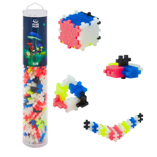 Plus Plus 240-piece glow-tube blocks for glow-in-the-dark creative play.