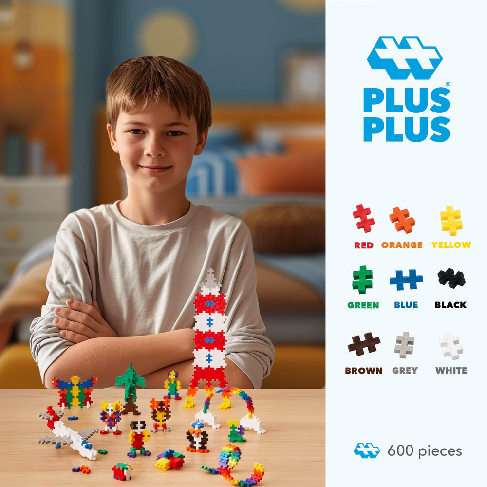 Image of 3D building and mosaics with PLUS PLUS pieces for creative exploration.