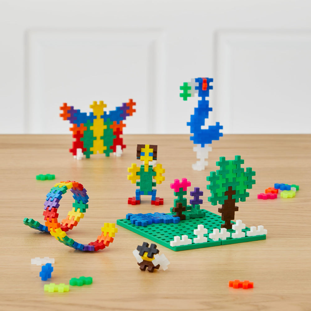 PLUS PLUS interlocking pieces enable quick, colorful mosaics and 3D structures.