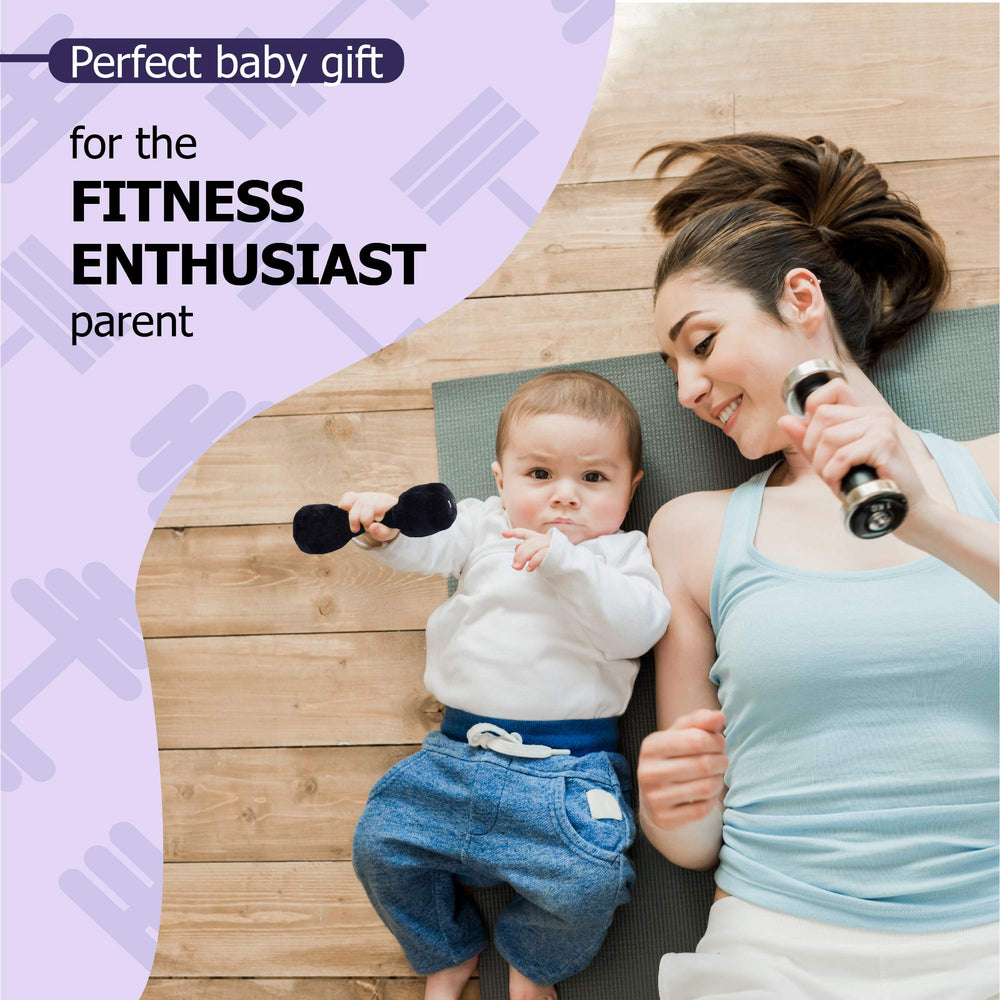Plush Creations Baby Dumbbell Rattle, held in hands, engaging sensory exploration.