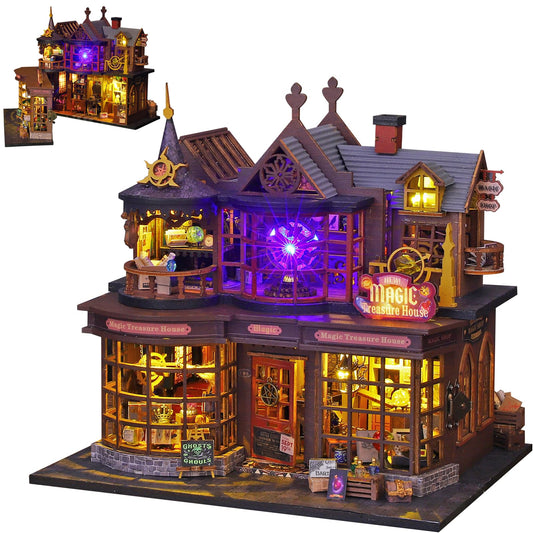 Plustopoy miniature house kit with open door for display-ready decor.