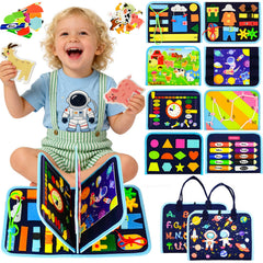 Pnooe Busy Board with eight pages offering diverse activities for fine motor practice