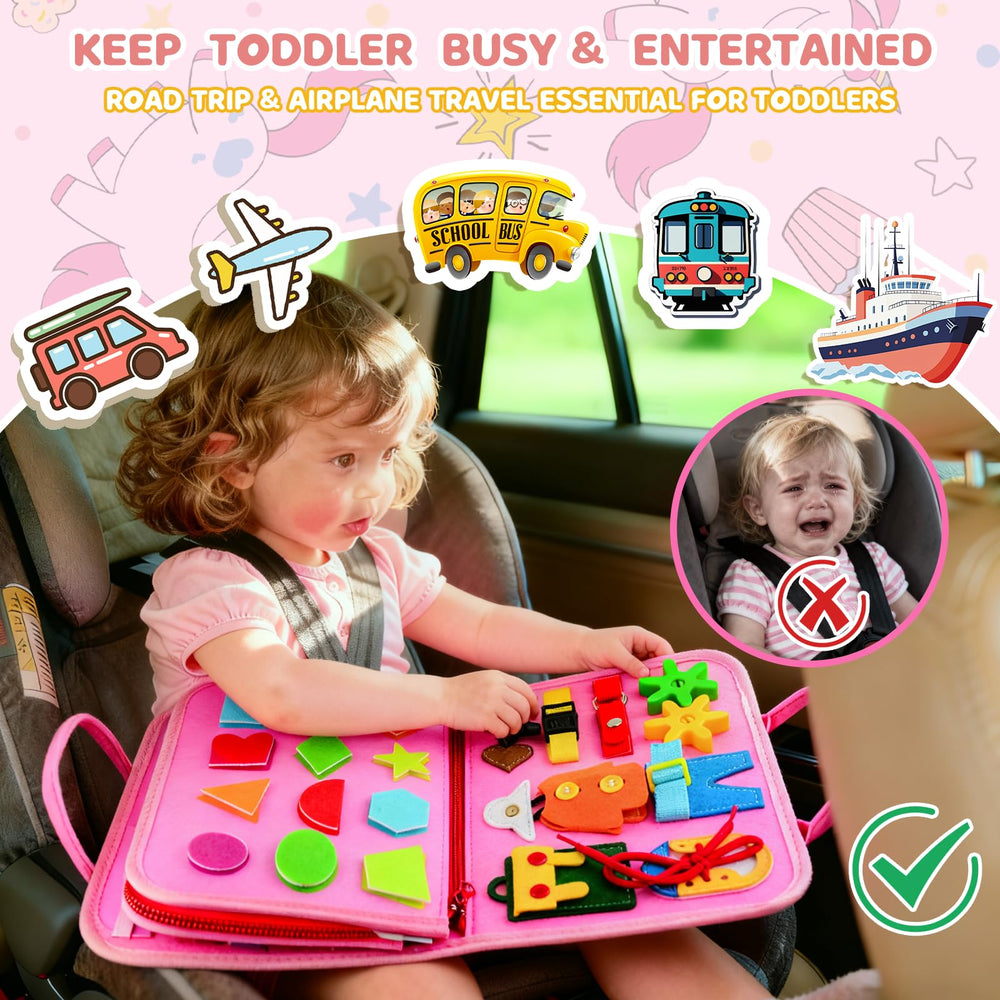 Pnooe busy board portable handle makes car trips easier.