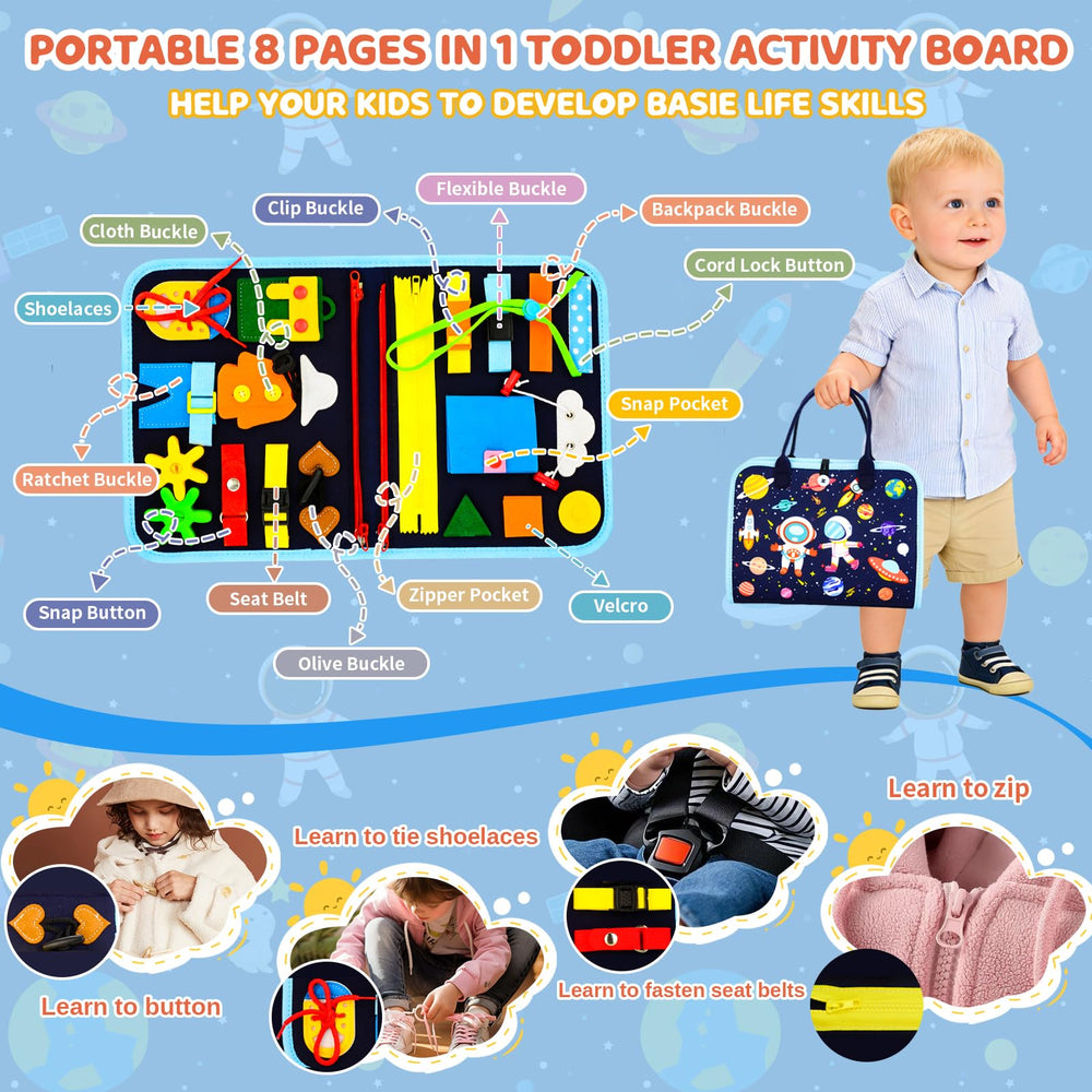 Pnooe Busy Board close up of zippers and buttons to build hand-eye coordination