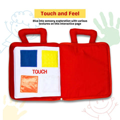 Pockets of Learning My Quiet Book soft fabric interior comforts touch during play.