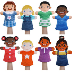 Poen 8-pcs hand puppets set with multicultural characters for imaginative storytelling.