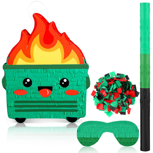 Poen Dumpster on Fire Pinata full view for party centerpiece and prop ideas.