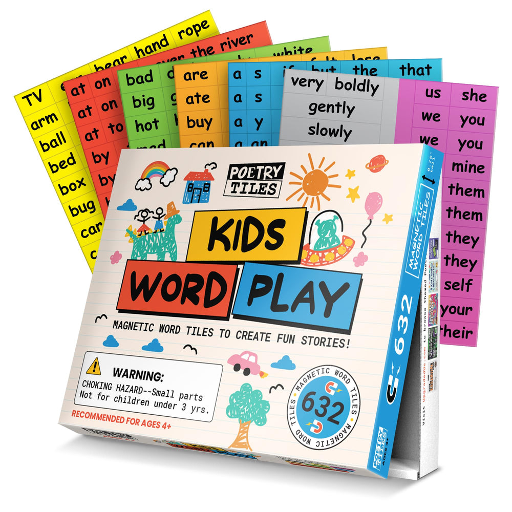 Poetry Tiles 632 magnets for kids on a fridge, inspiring sentence building and imaginative poetry.