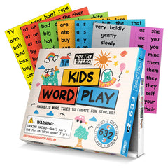 Poetry Tiles 632 magnets for kids on a fridge, inspiring sentence building and imaginative poetry.