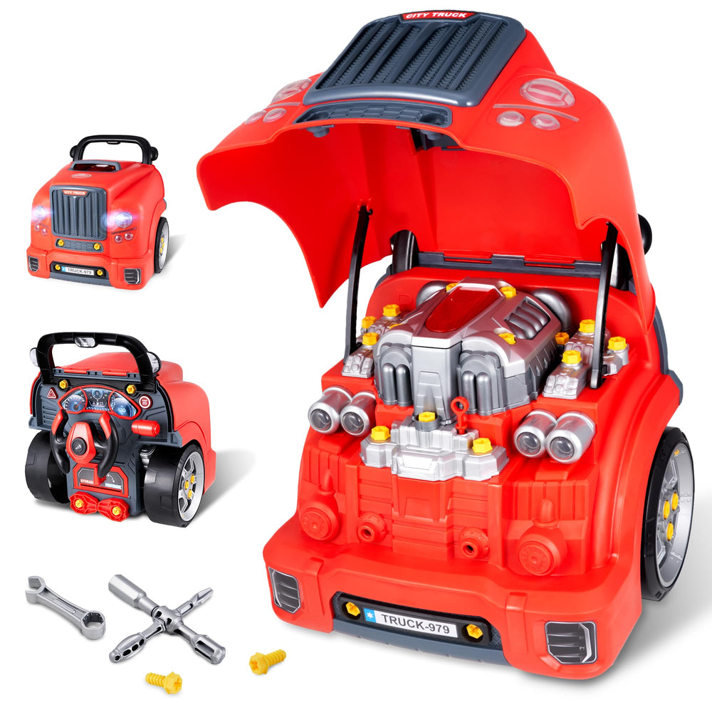 POFJOEQ Interactive Truck Engine Toy, front view with removable parts for hands-on repair play