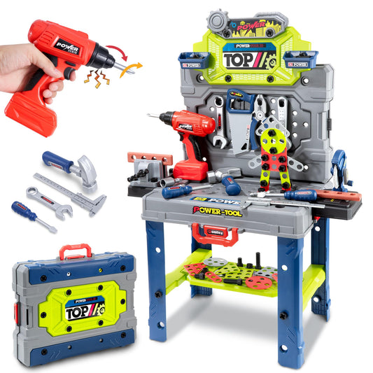 POFJOEQ Kids Tool Kit folding workbench for portable, realistic building play.