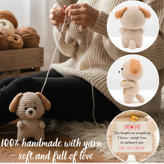 Desk display ready POIVOCF crochet puppy plush beside a small note
